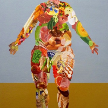 Omnivore, 
paper collage, acrylic, resin on wood,
60x40 cm